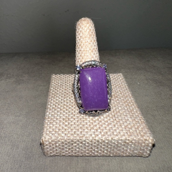 Jade of YesterYear Jewelry - Purple Jade Emerald Cut Stone & Sterling Silver Ring by JOY